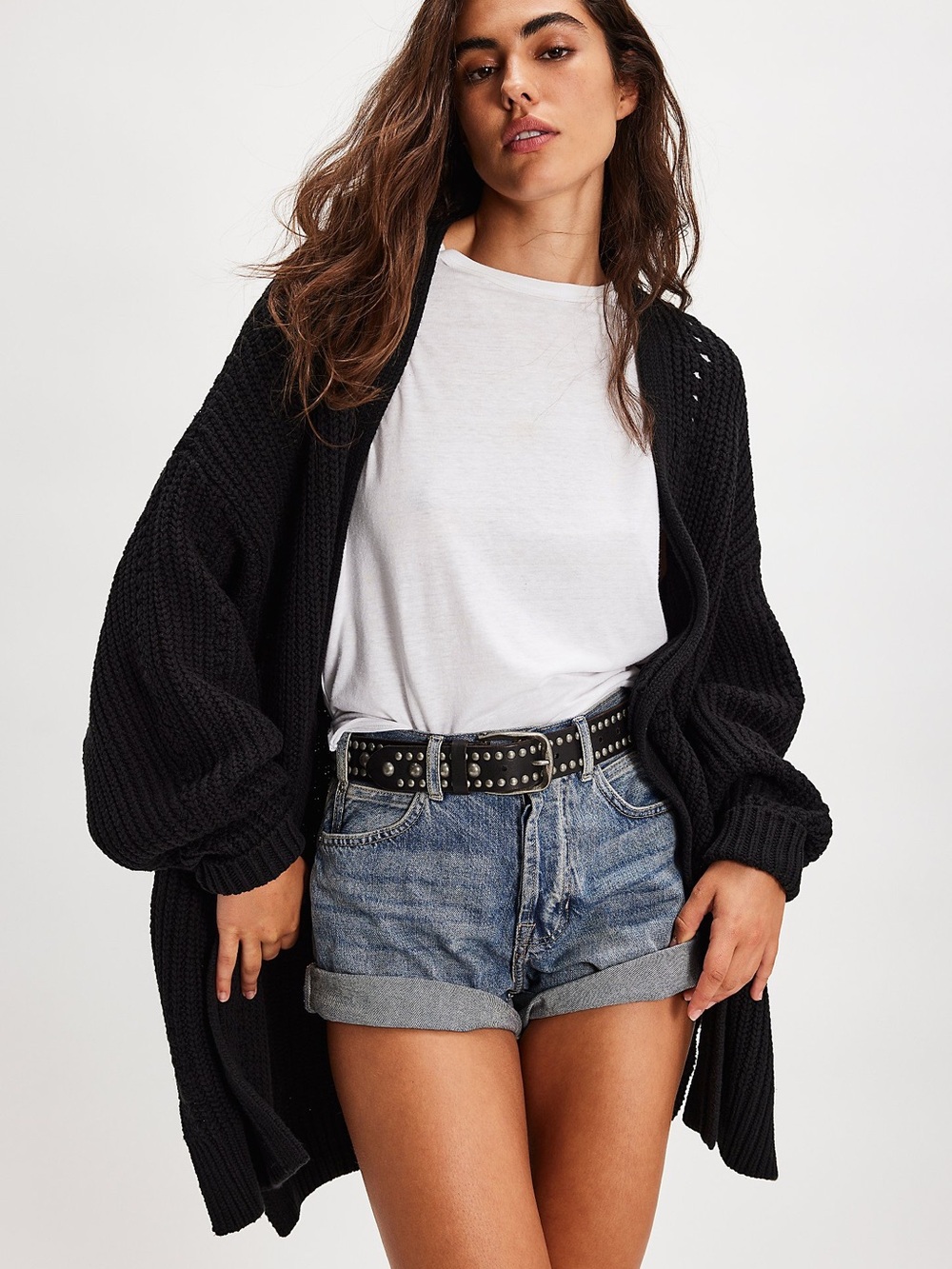 FREE PEOPLE Nightingale Cardi Chunky Knit Oversized Sweater Cardigan S Black
